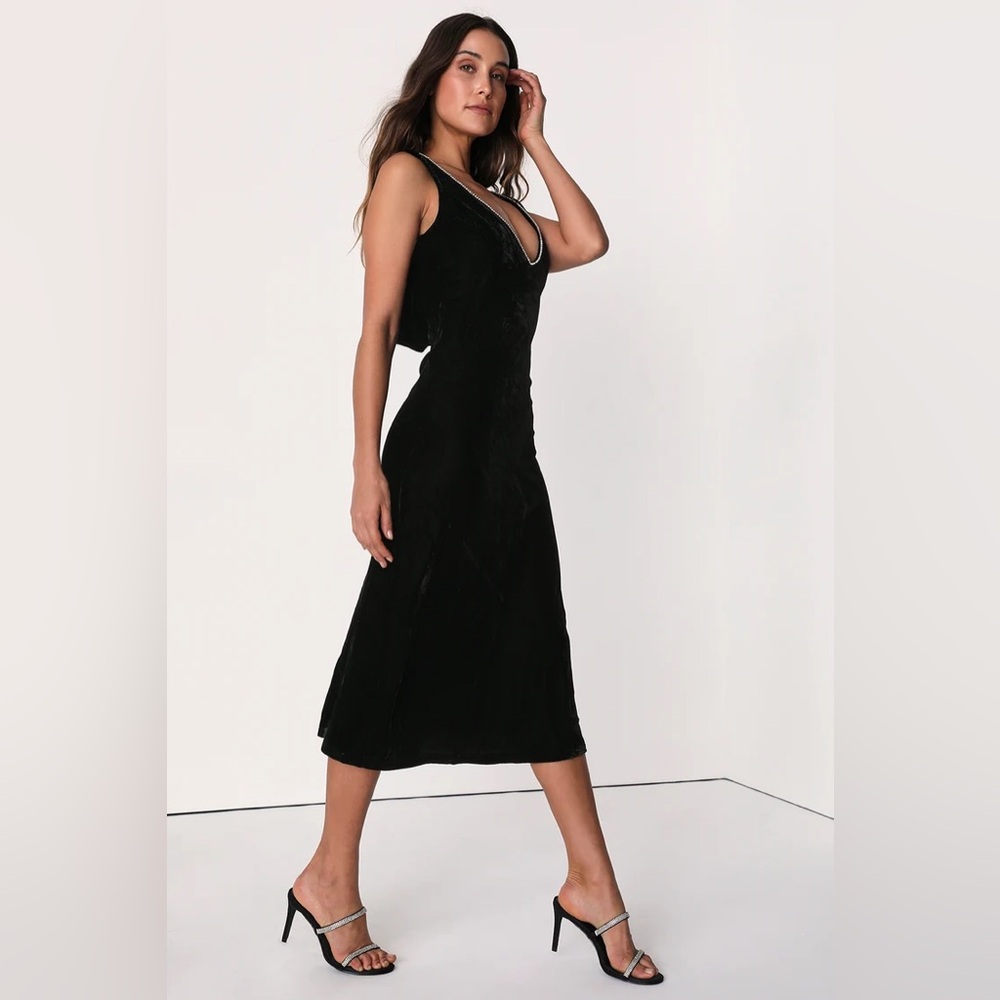 NWT Lulus Midi Dress Womens Black Velvet Rhinestone Cowl Back Cocktail Size L
